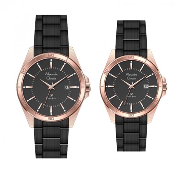 Alexandre Christie AC 1011 Rosegold Black Steel Couple